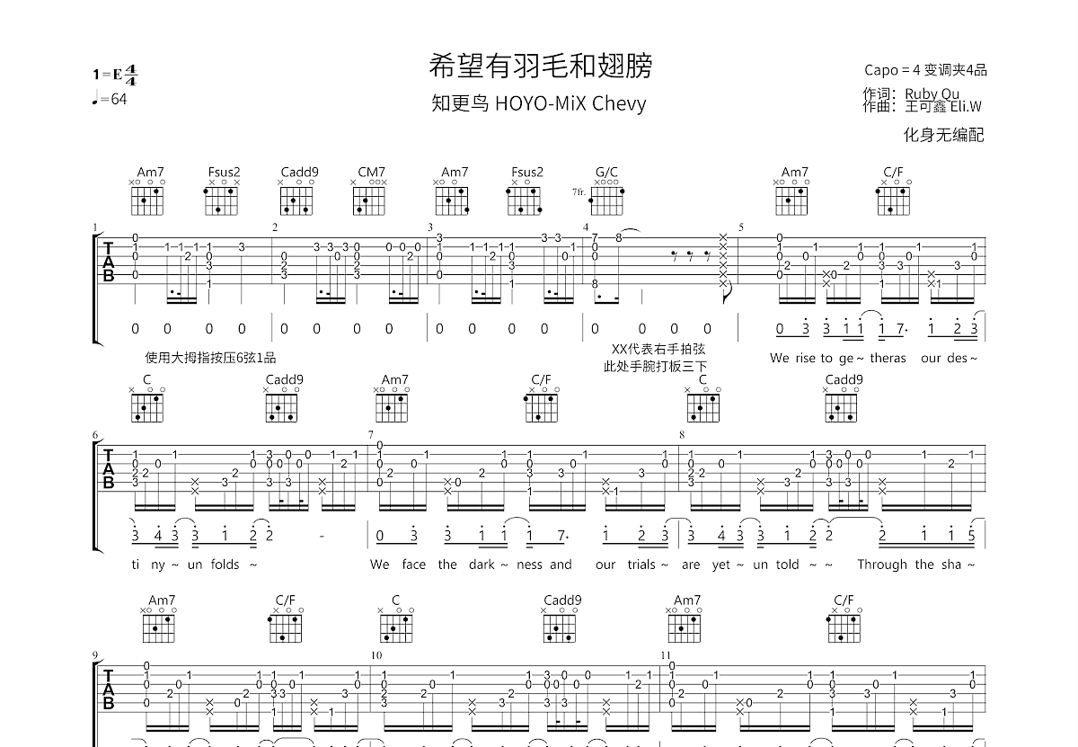 希望有羽毛和翅膀吉他谱预览图