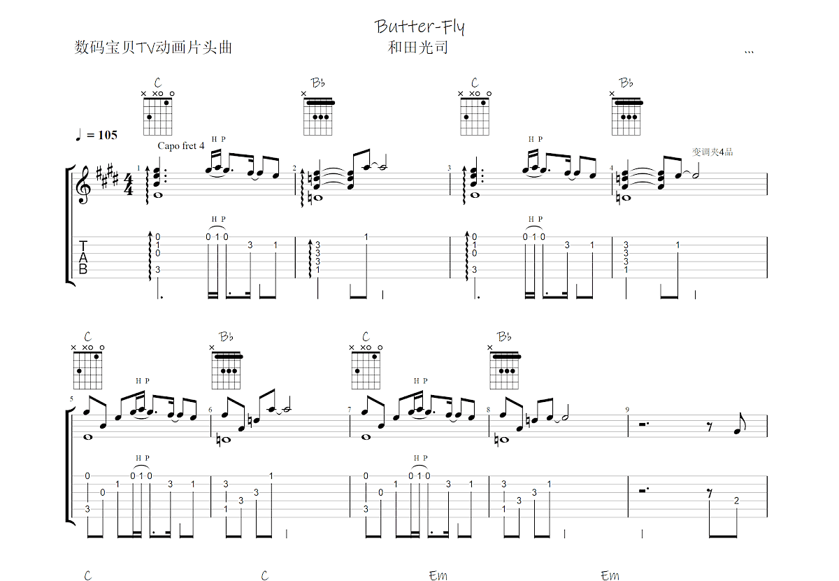 Butter-Fly吉他谱预览图