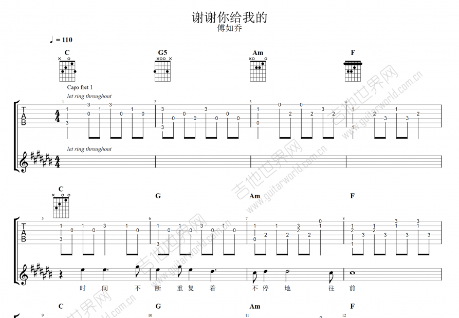 谢谢你给我的吉他谱预览图