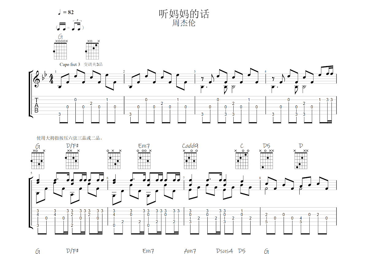 听妈妈的话吉他谱预览图