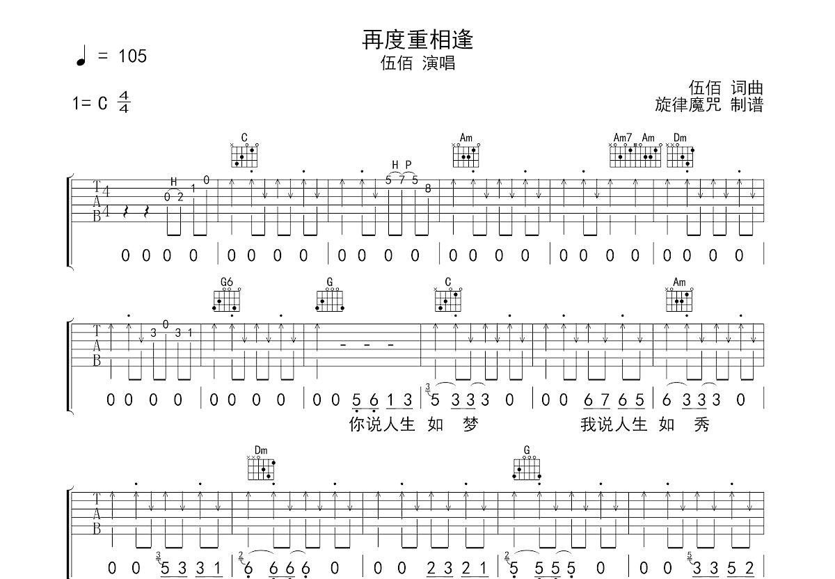 再度重相逢吉他谱预览图