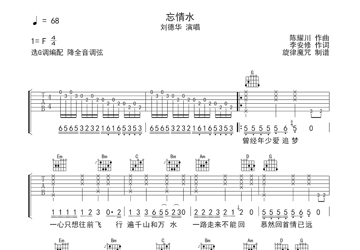 忘情水吉他谱预览图