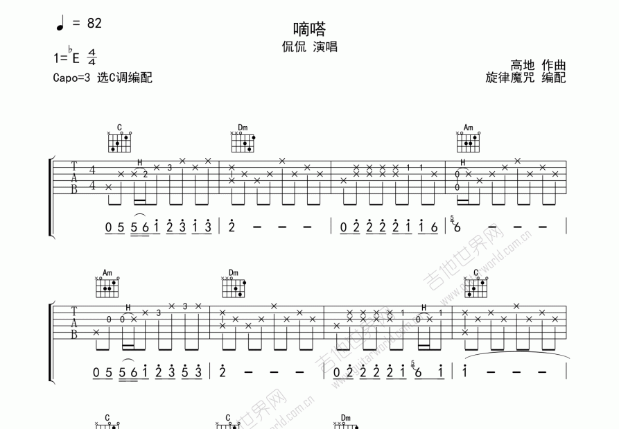 嘀嗒吉他谱预览图