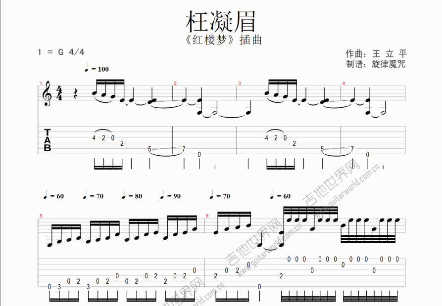 枉凝眉吉他谱预览图