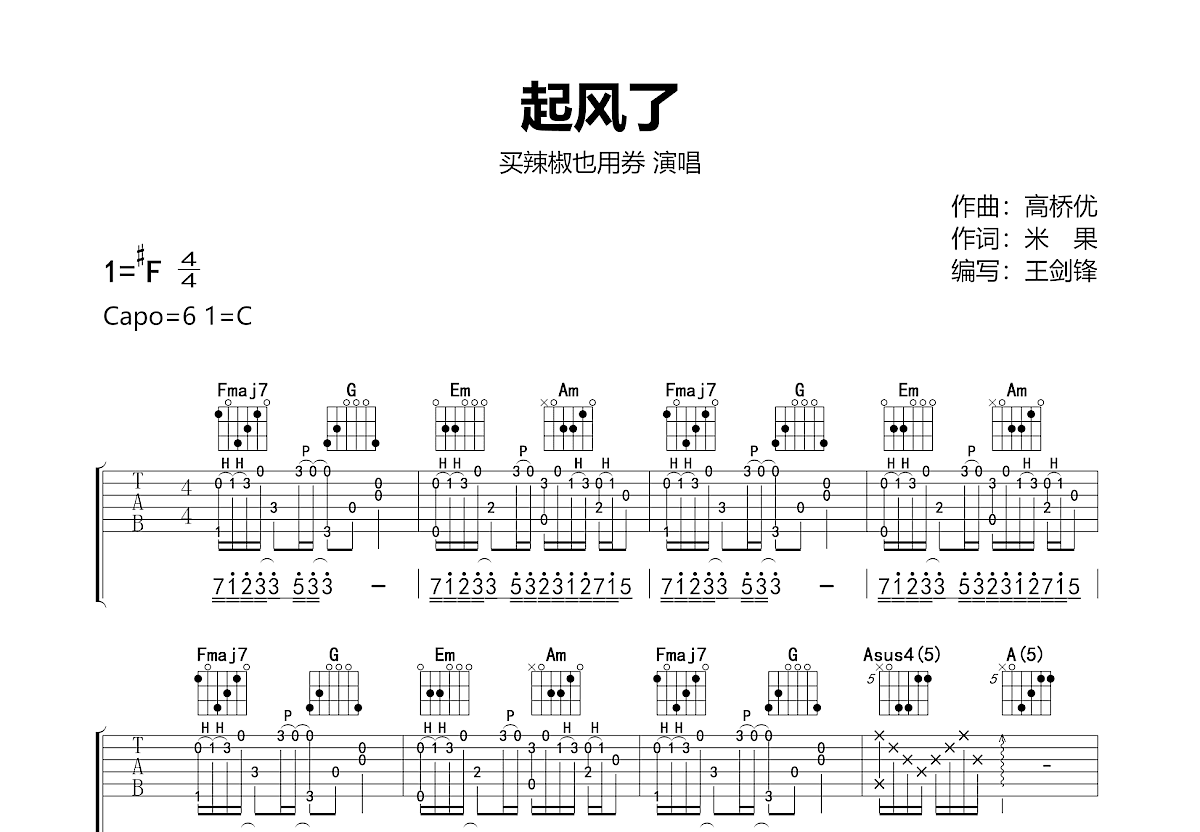 起风了吉他谱预览图