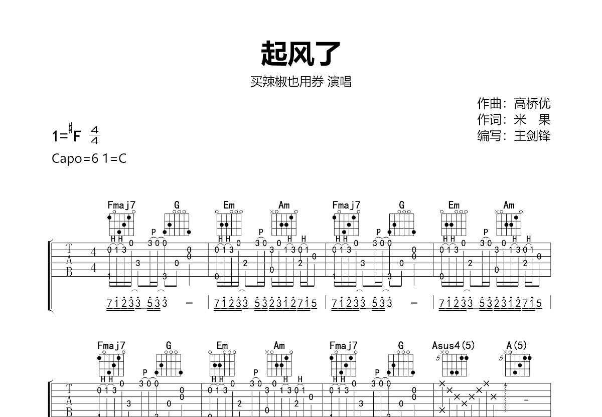 起风了吉他谱预览图