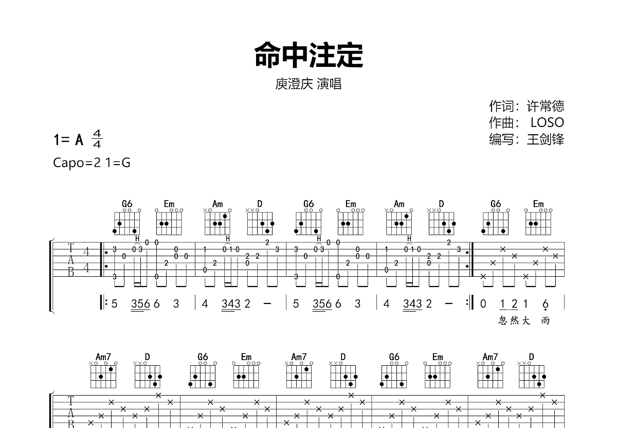 命中注定吉他谱预览图