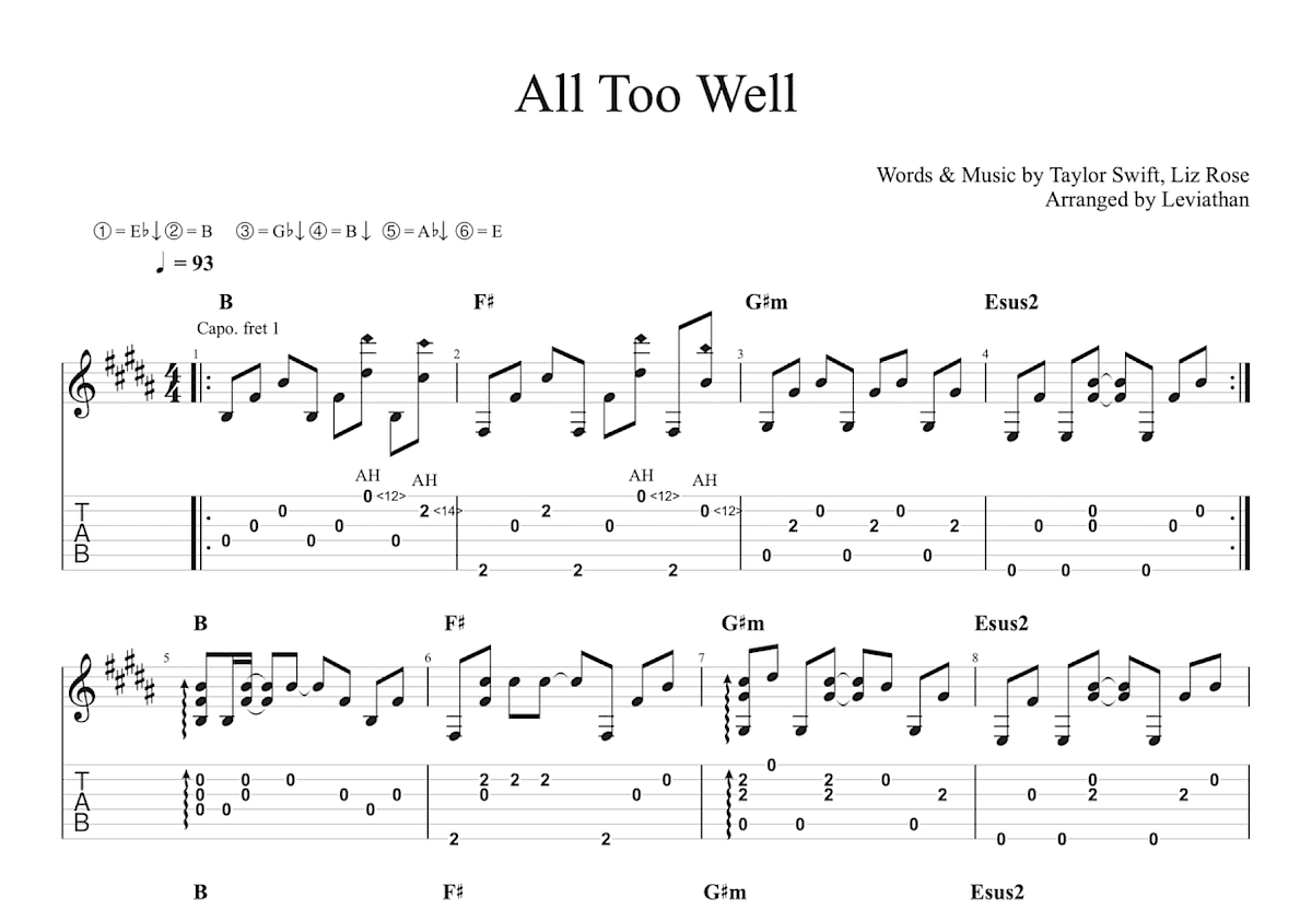 All Too Well吉他谱_Taylor Swift_B调指弹