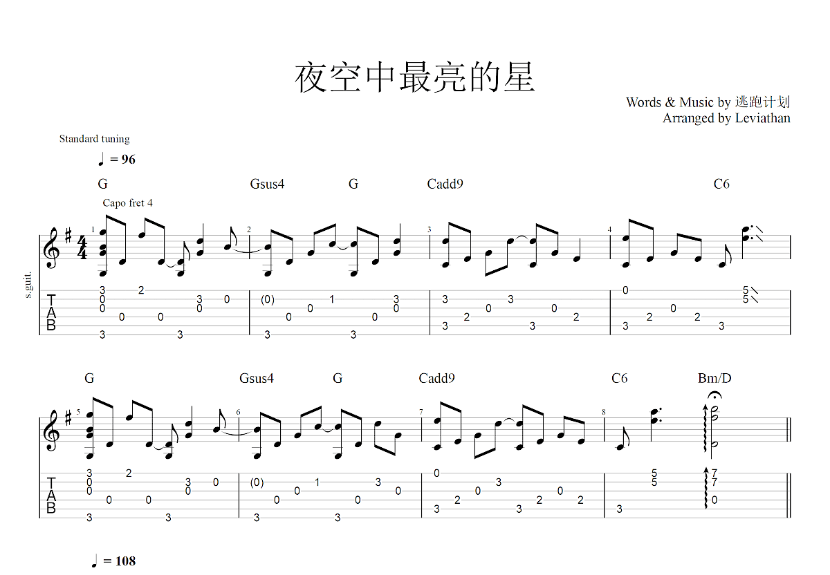 夜空中最亮的星吉他谱预览图