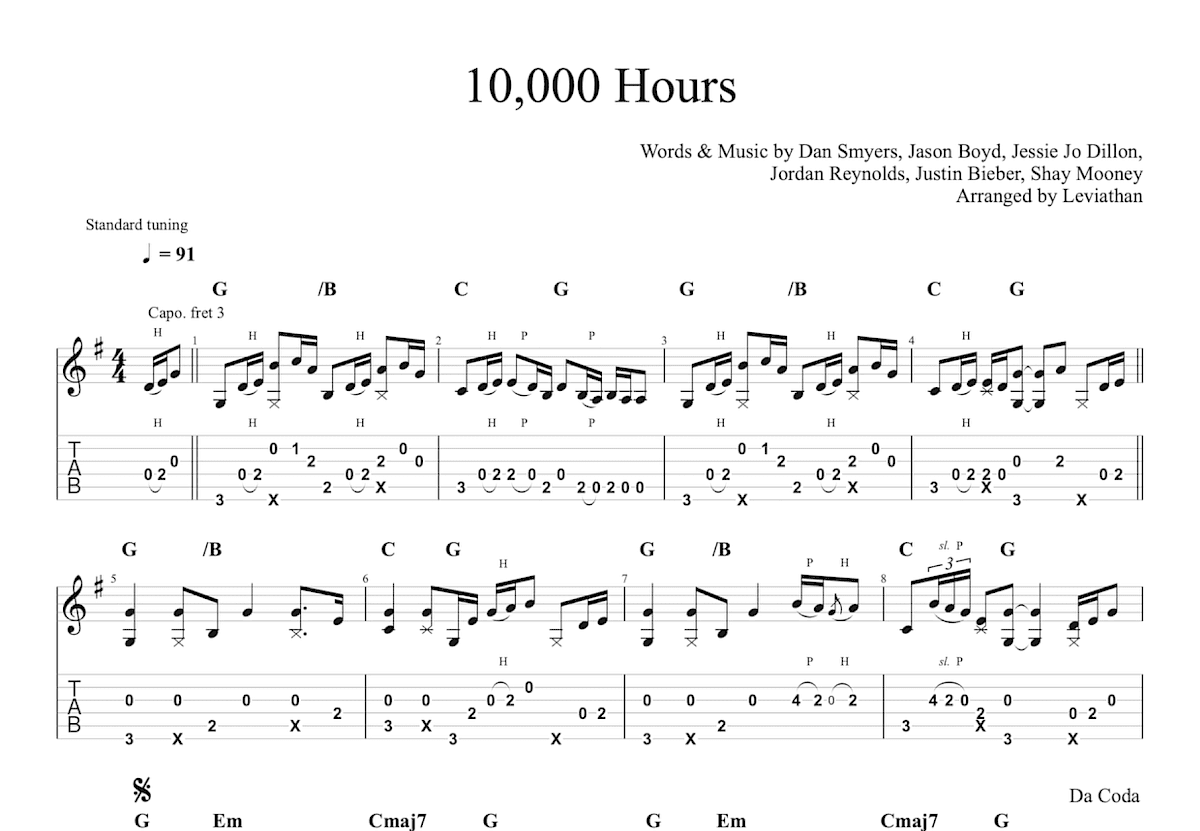 10,000 Hours吉他谱预览图