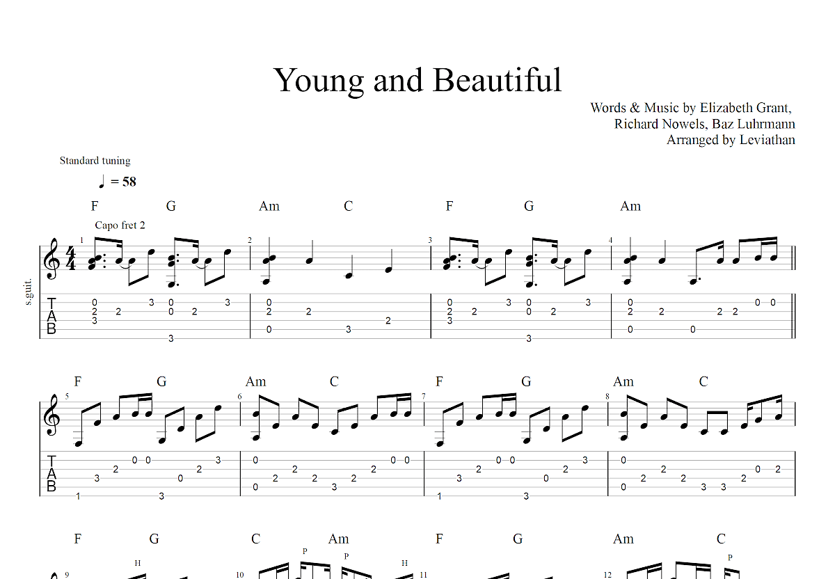 Young and Beautiful吉他谱预览图