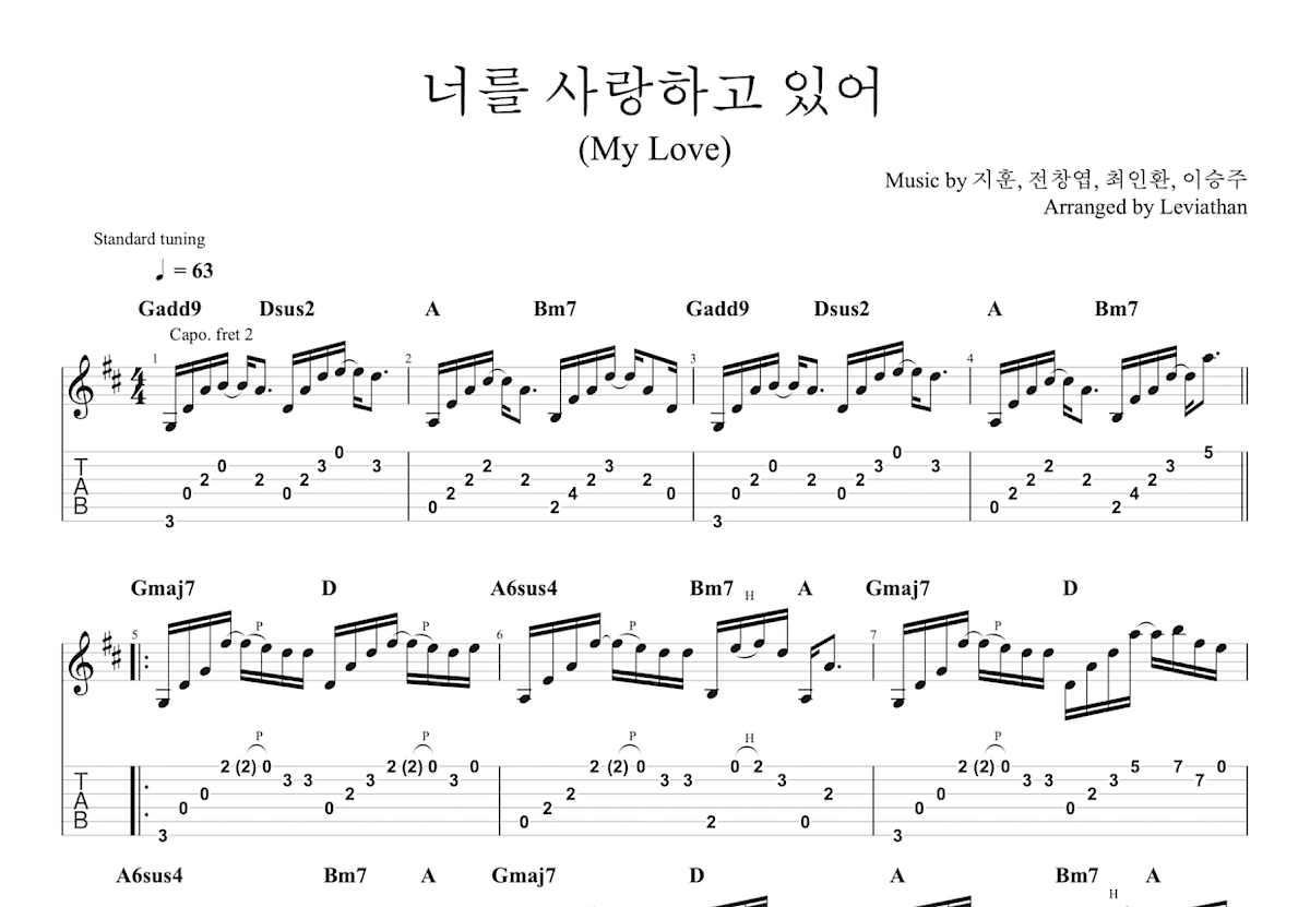 너를 사랑하고 있어吉他谱_边伯贤,EXO_D调指弹