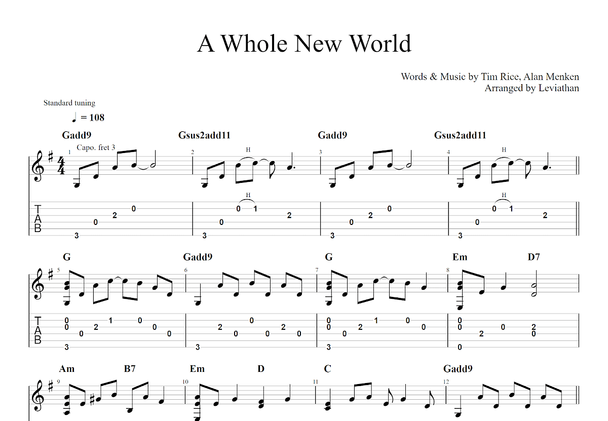 A Whole New World吉他谱预览图