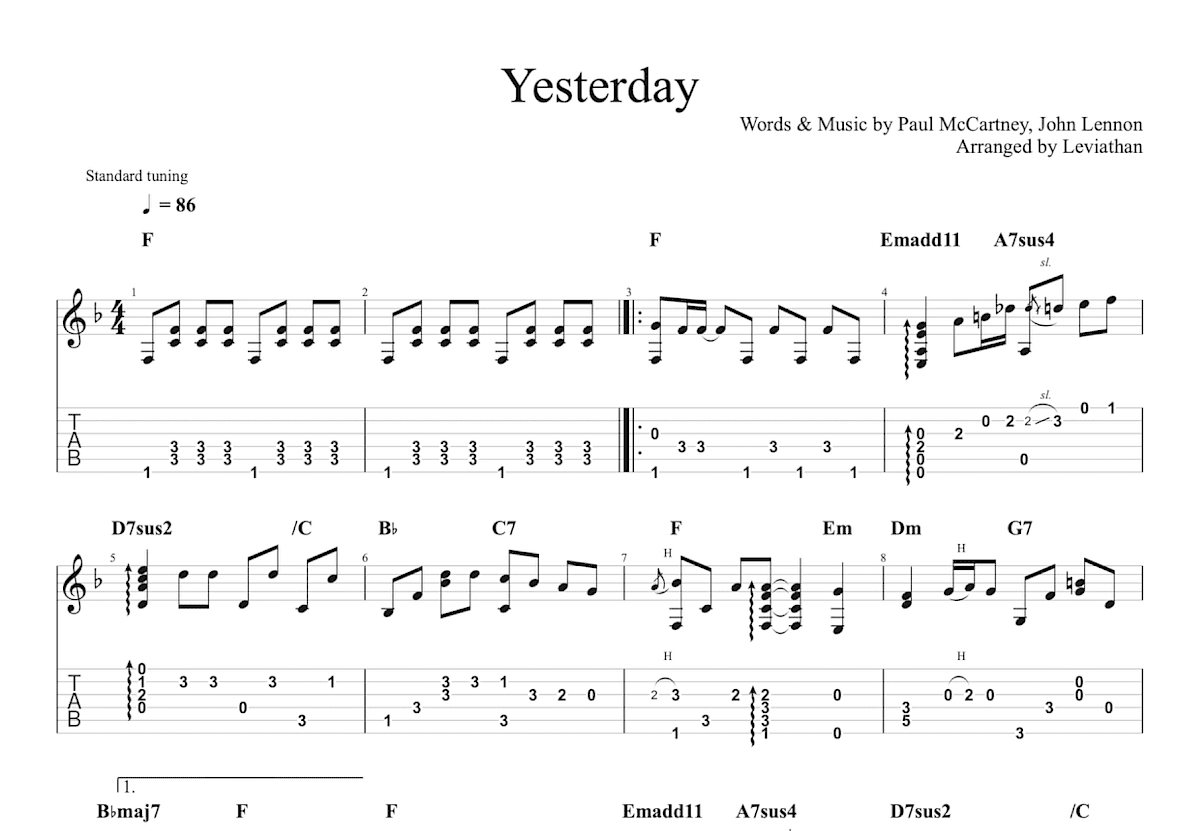 Yesterday吉他谱_The Beatles_F调指弹