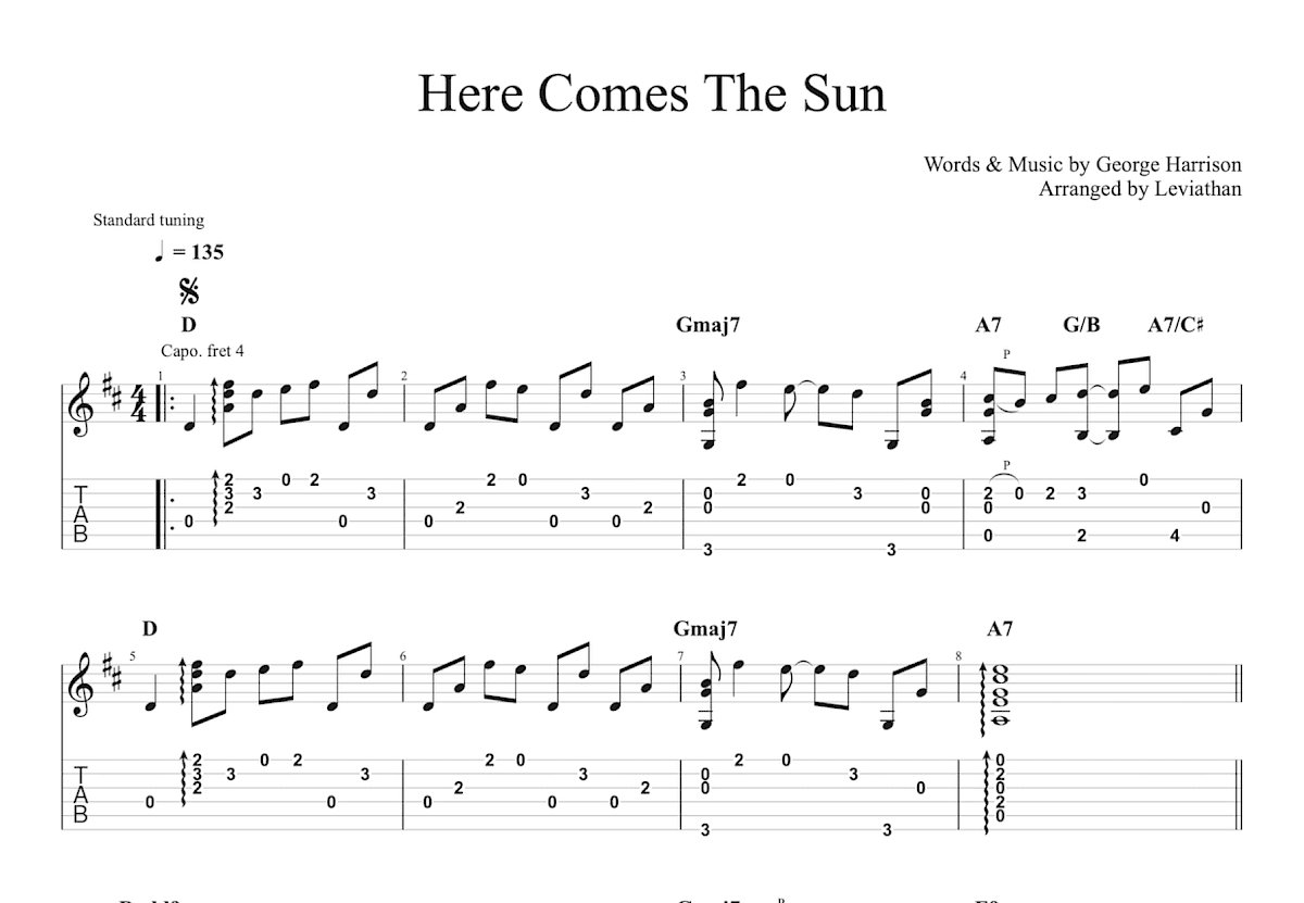 Here Comes The Sun吉他谱_The Beatles_D调指弹