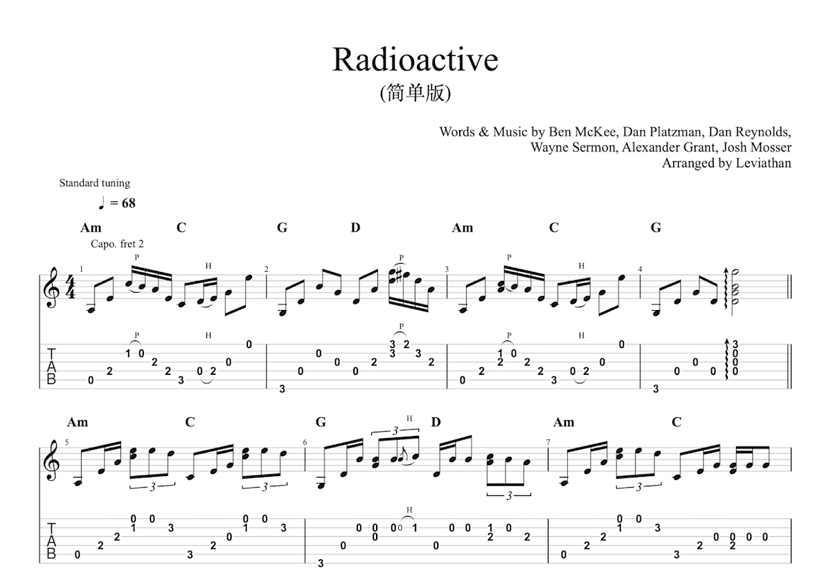 Radioactive吉他谱_Imagine Dragons_C调指弹