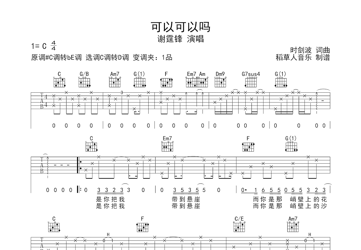 可以可以吗吉他谱_谢霆锋_C调弹唱
