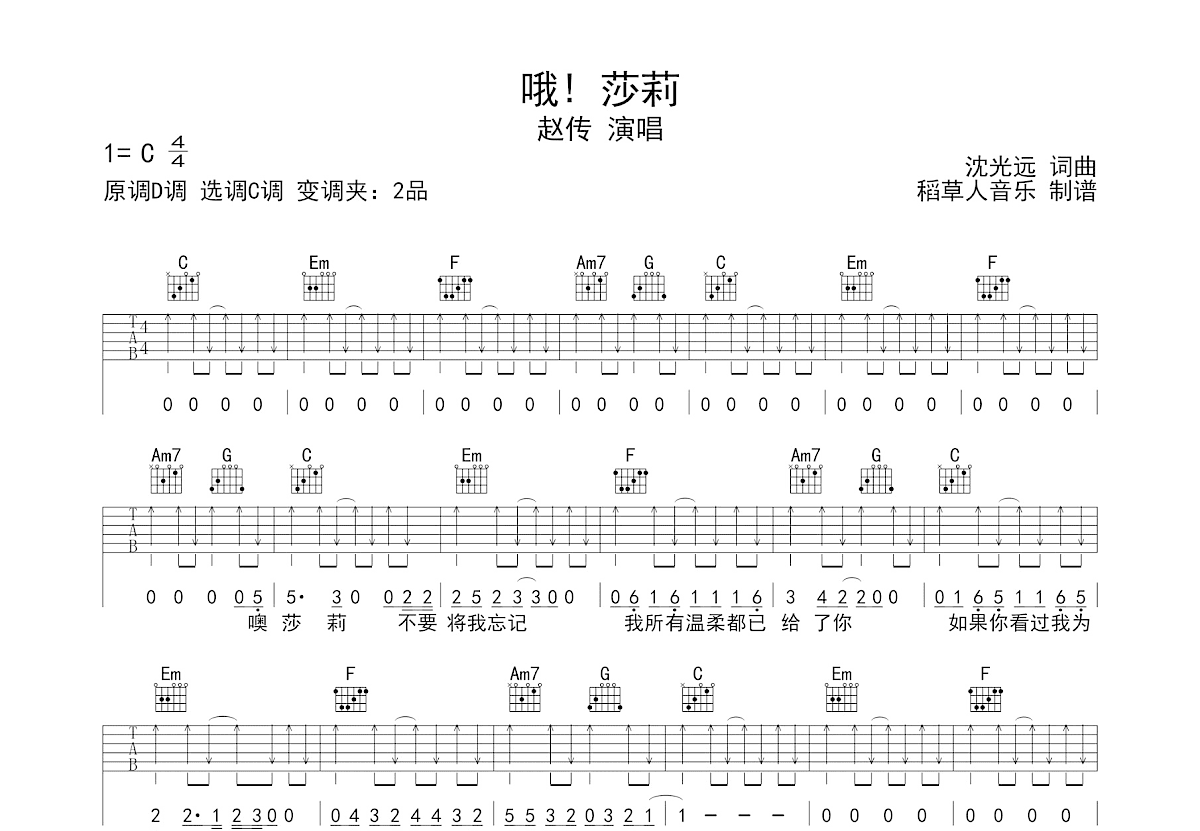 哦! 莎莉吉他谱_赵传_C调弹唱