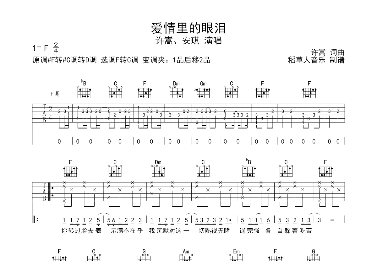 爱情里的眼泪吉他谱_许嵩,安琪_F调弹唱