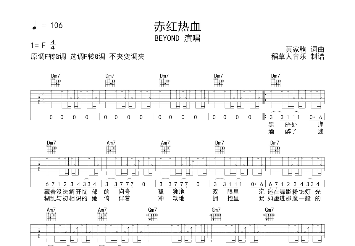 赤红热血吉他谱_BEYOND_F调弹唱