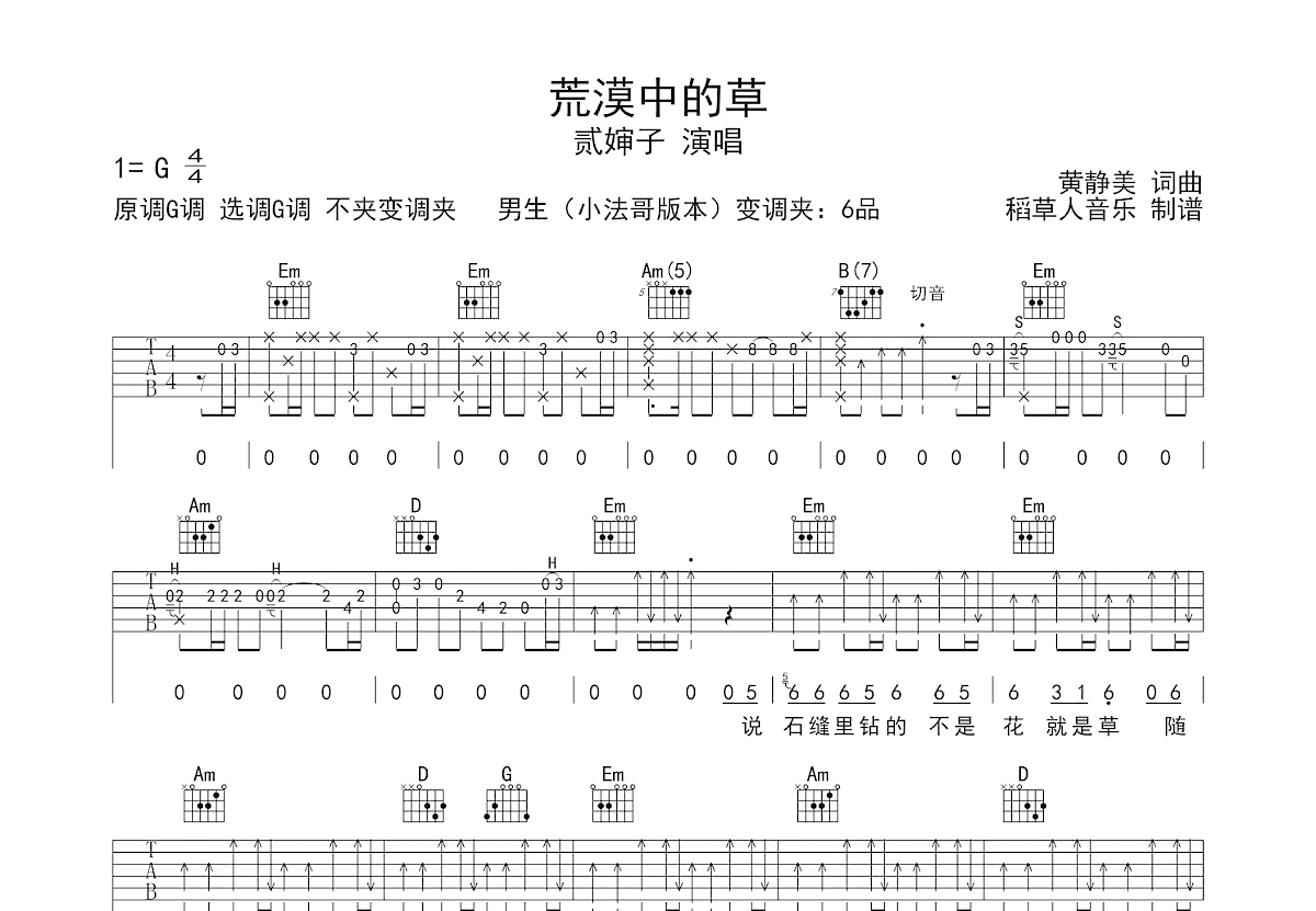荒漠中的草吉他谱预览图