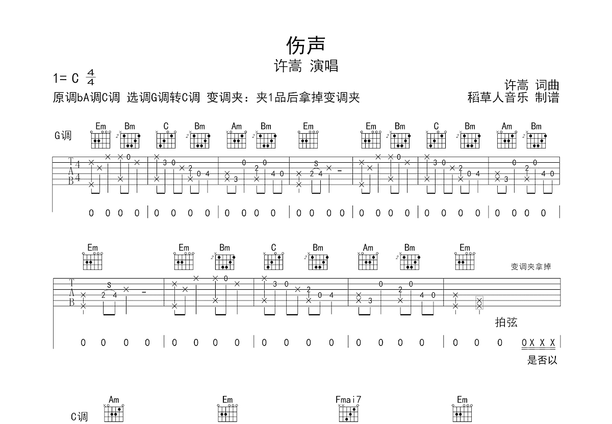 伤声吉他谱_许嵩_G调弹唱