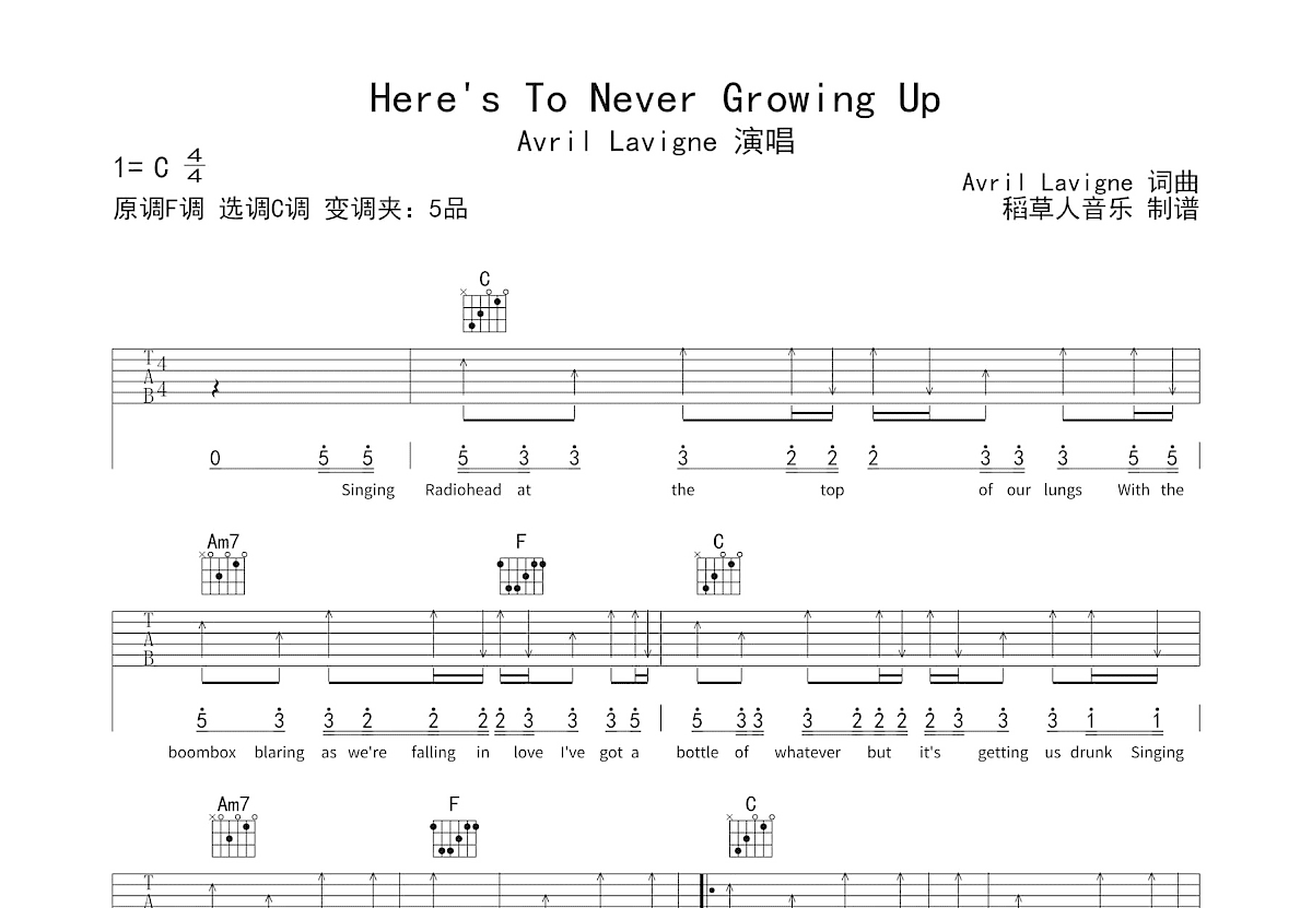 Here's To Never Growing Up吉他谱预览图