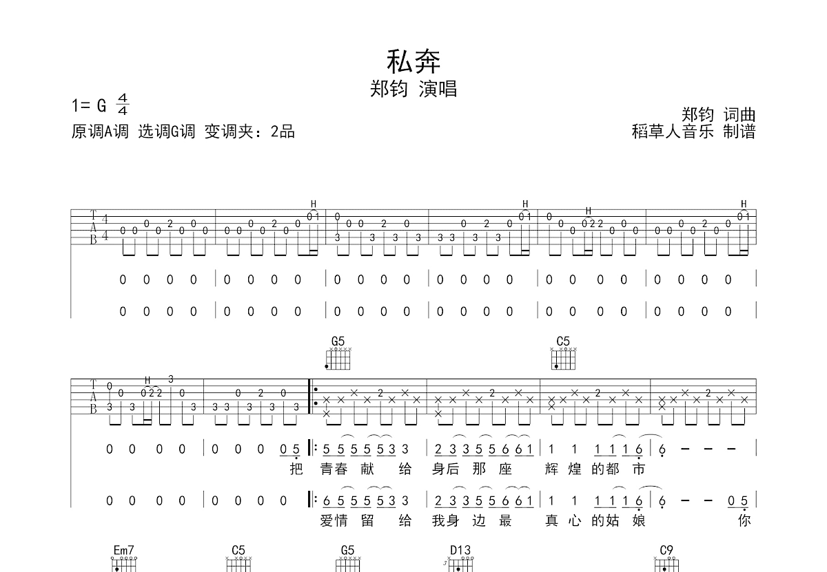 私奔吉他谱预览图