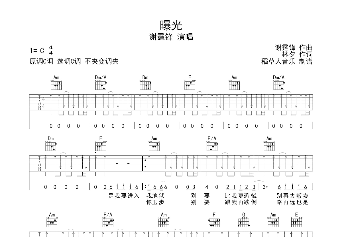曝光吉他谱_谢霆锋_C调弹唱