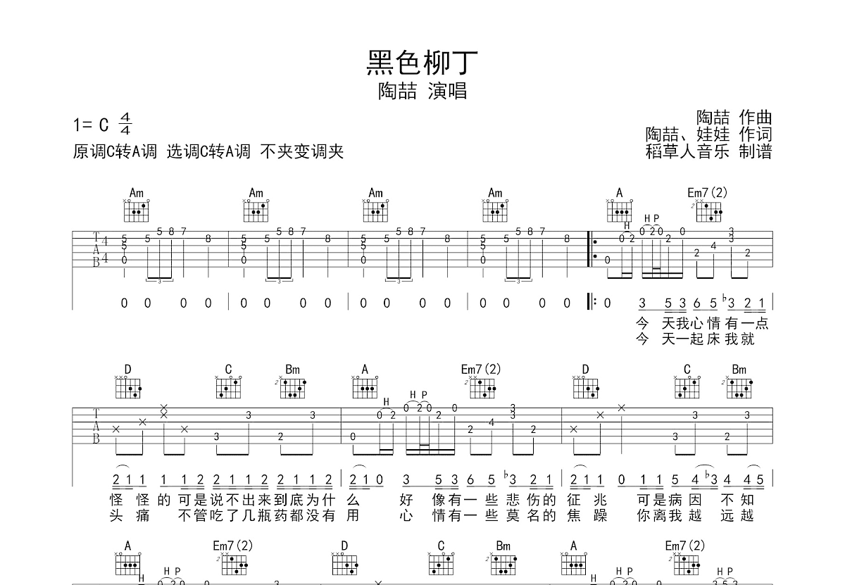 黑色柳丁吉他谱预览图