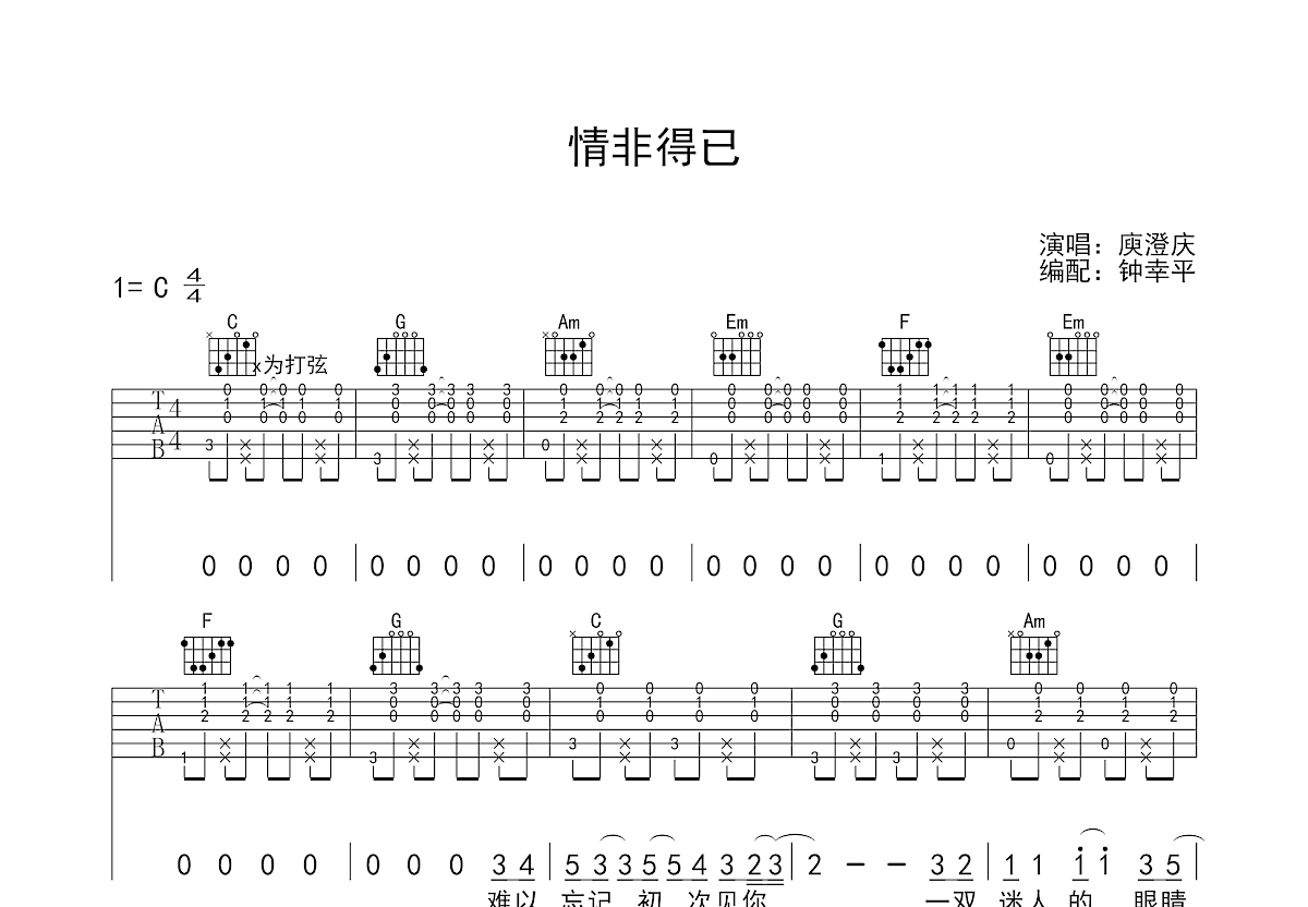 情非得已吉他谱预览图