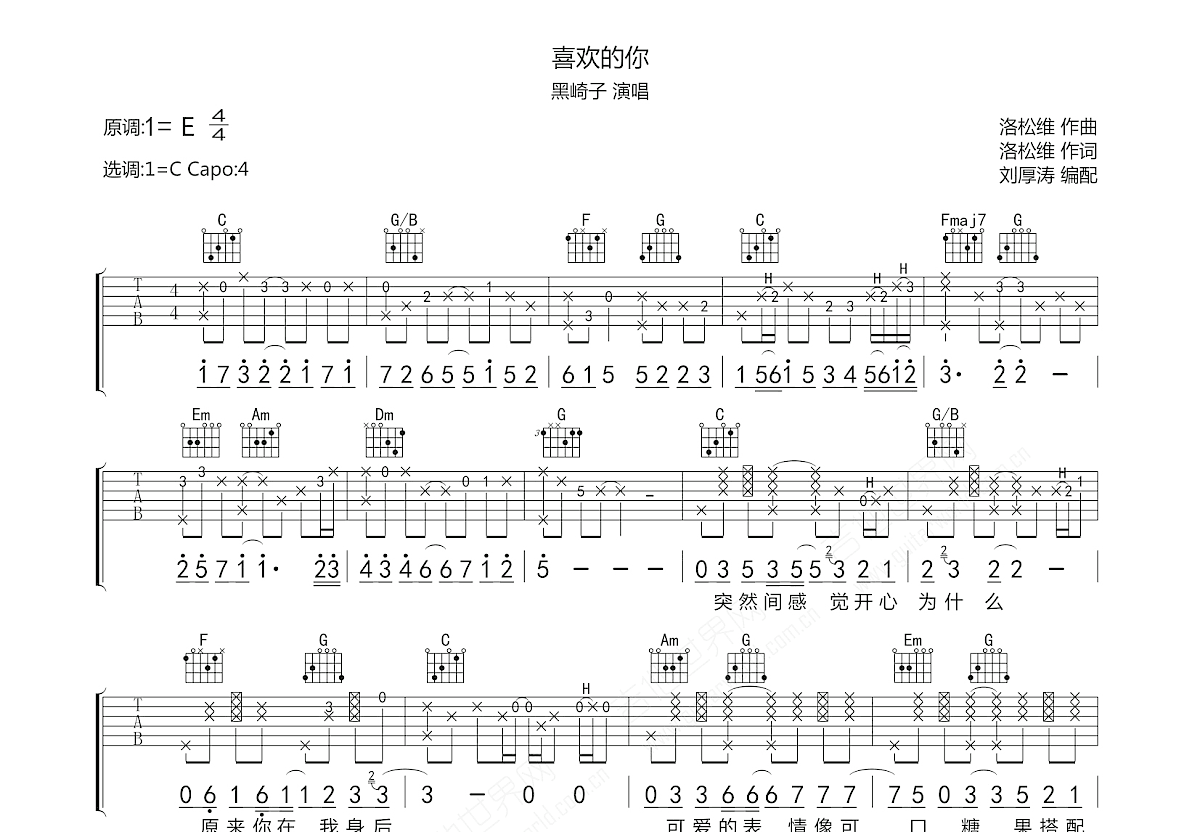 喜欢的你吉他谱预览图