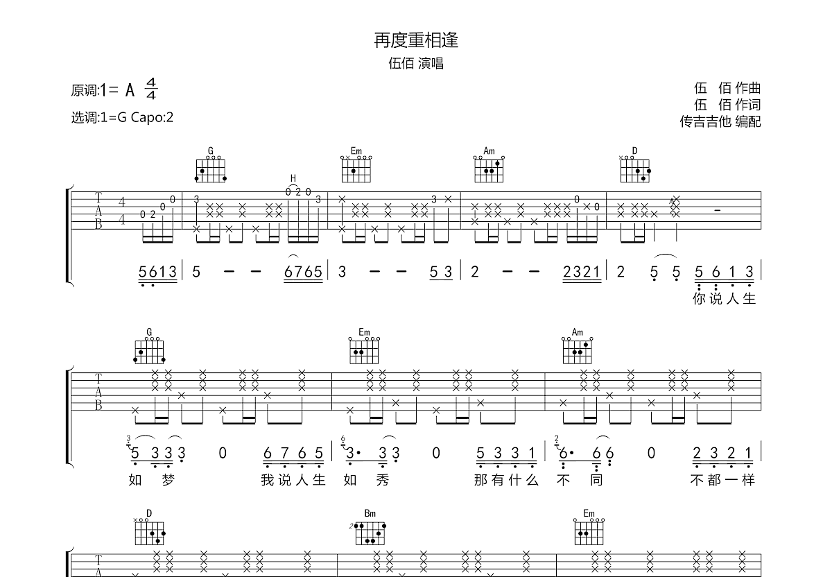 再度重相逢吉他谱预览图