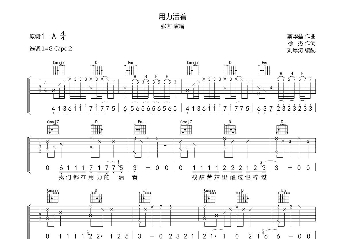 用力活着吉他谱预览图