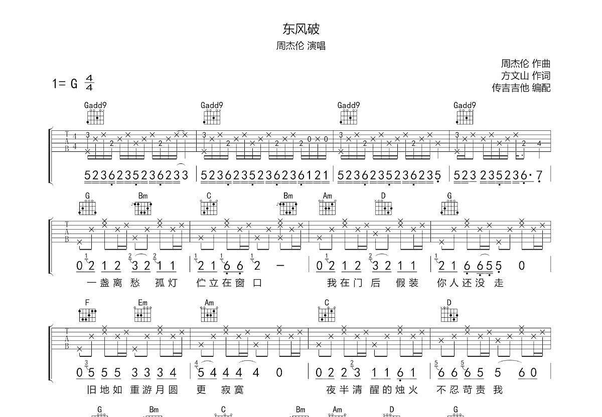 东风破吉他谱预览图