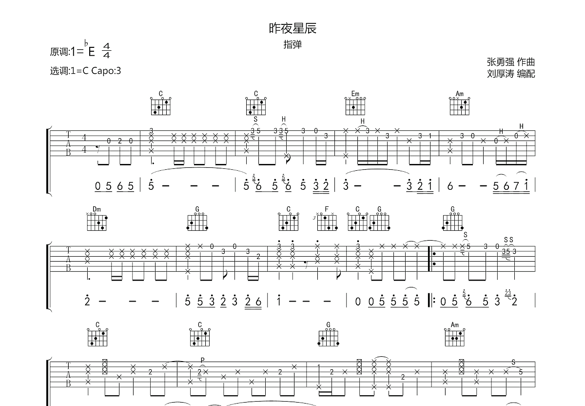 昨夜星辰吉他谱预览图