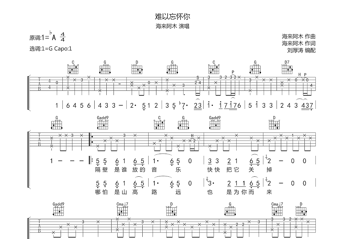 难以忘怀你吉他谱_海来阿木_G调弹唱