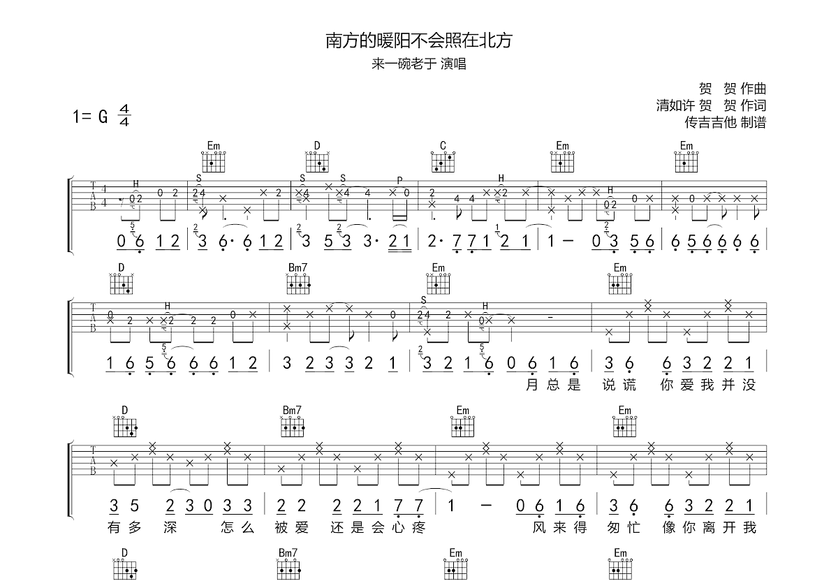 南方的暖阳不会照在北方吉他谱预览图