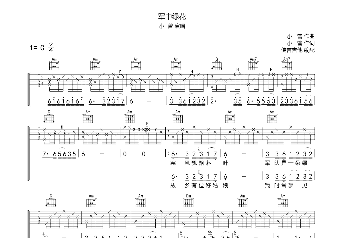 军中绿花吉他谱预览图