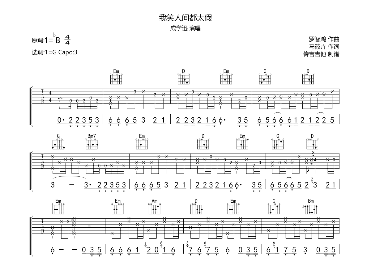 我笑人间都太假吉他谱预览图