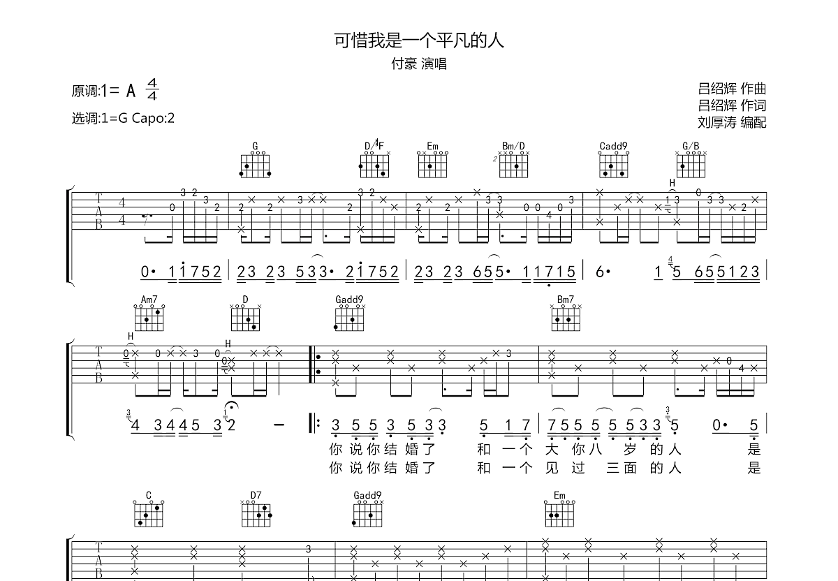 可惜我是一个平凡的人吉他谱预览图