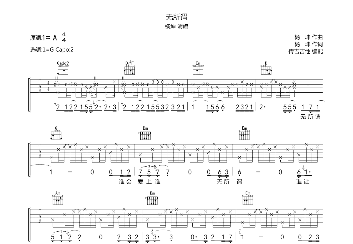 无所谓吉他谱预览图