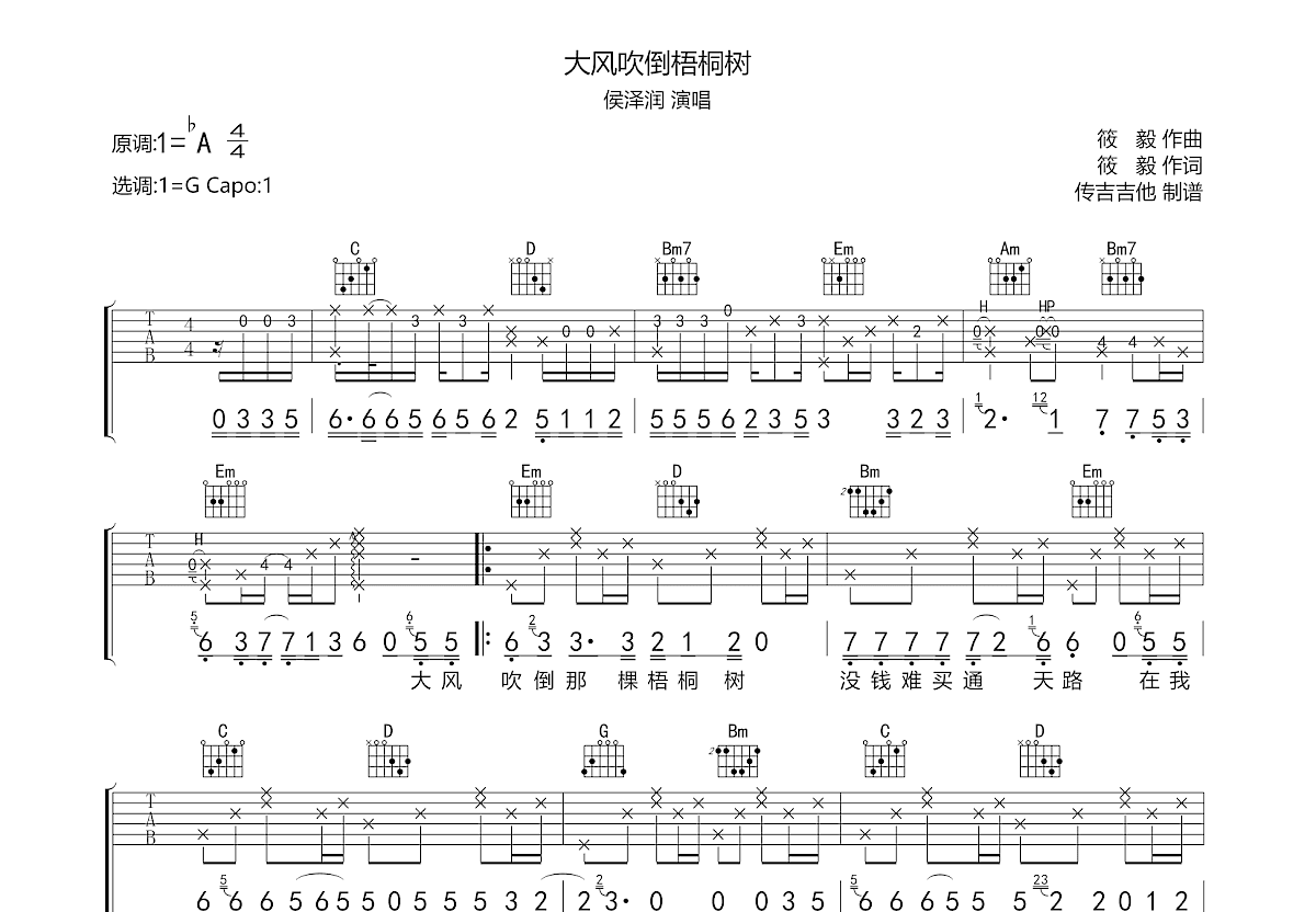 大风吹倒梧桐树吉他谱预览图