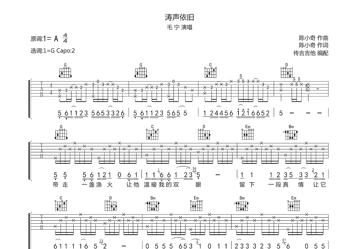 涛声依旧吉他谱预览图