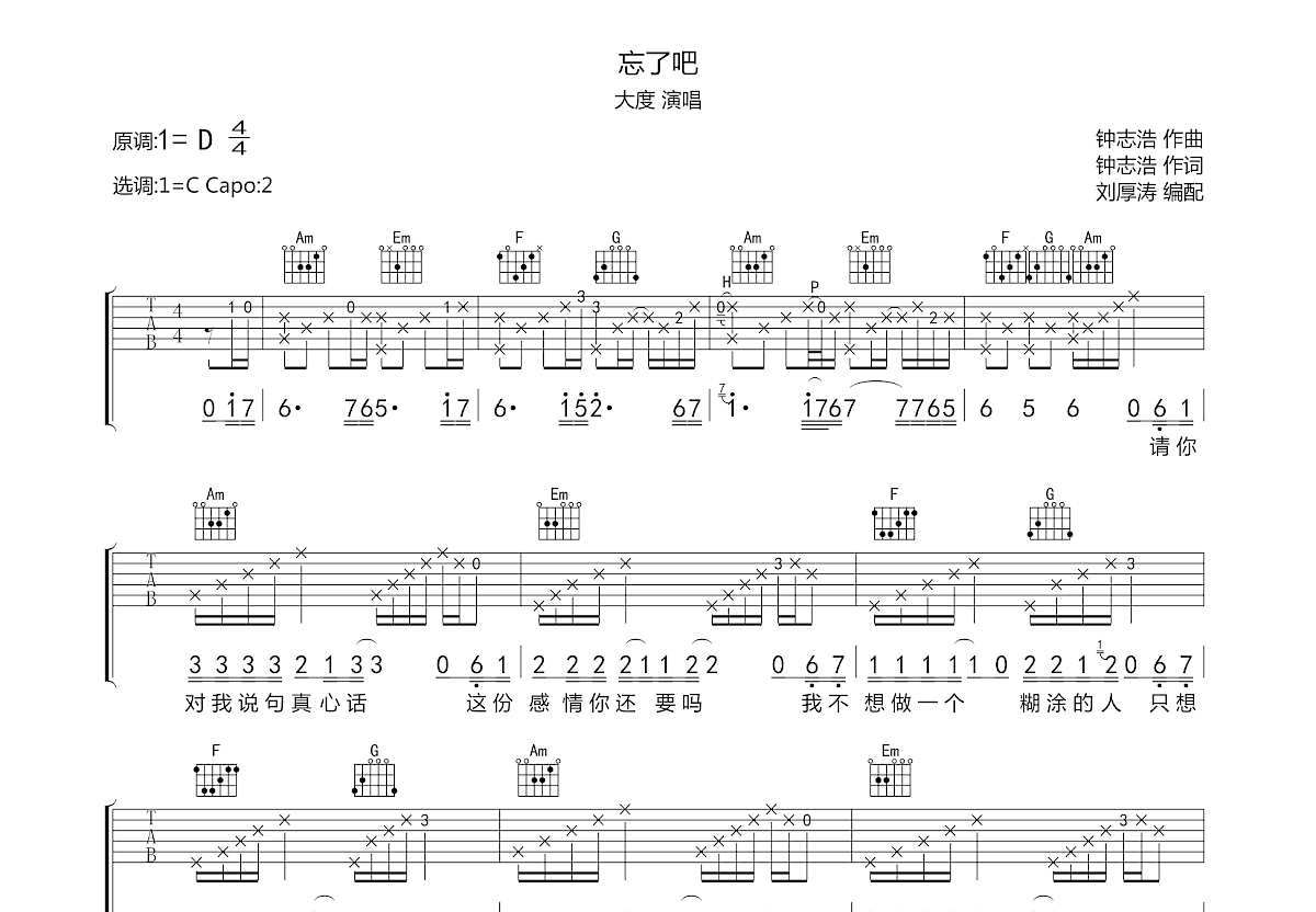 忘了吧吉他谱预览图