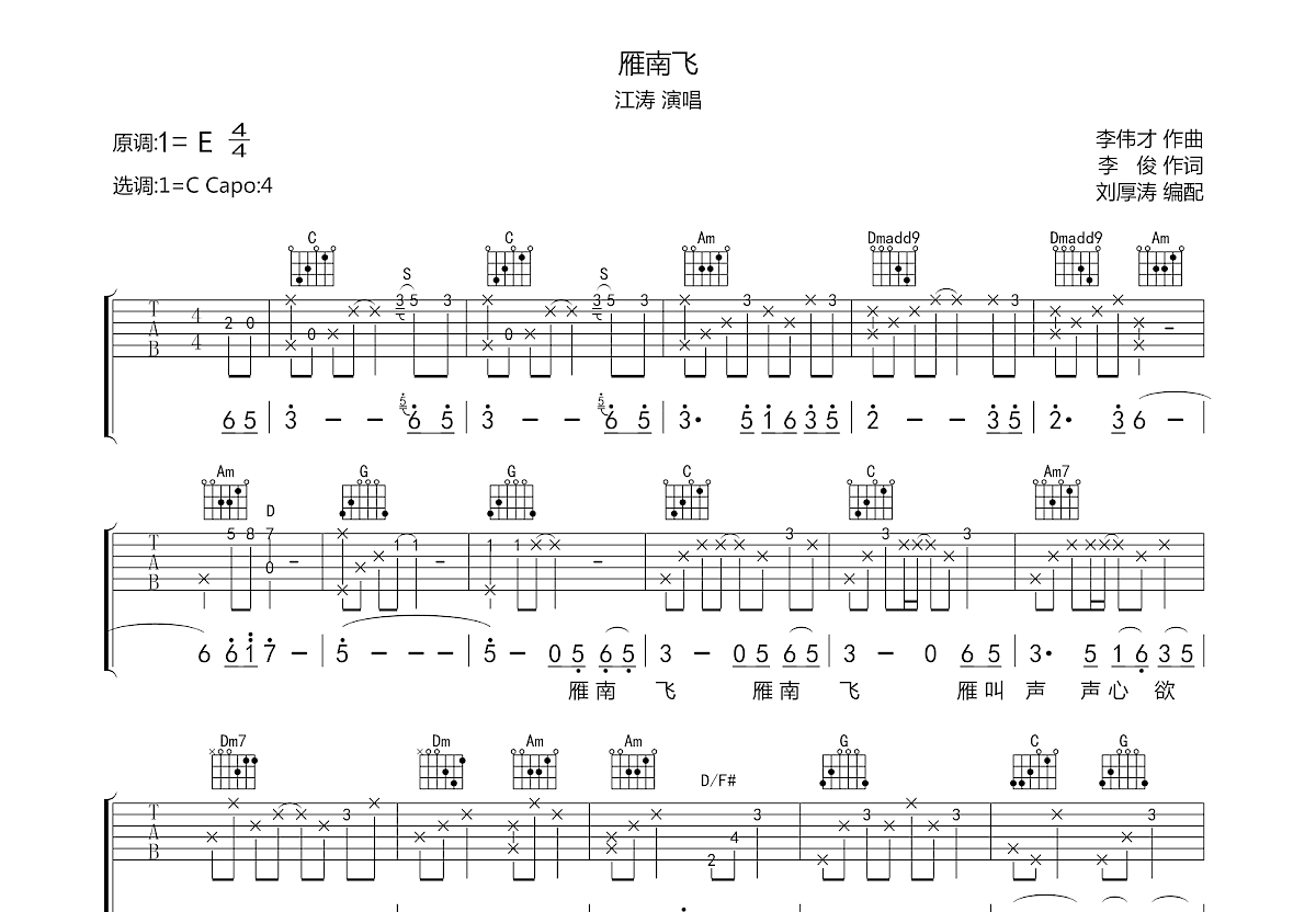 雁南飞吉他谱预览图