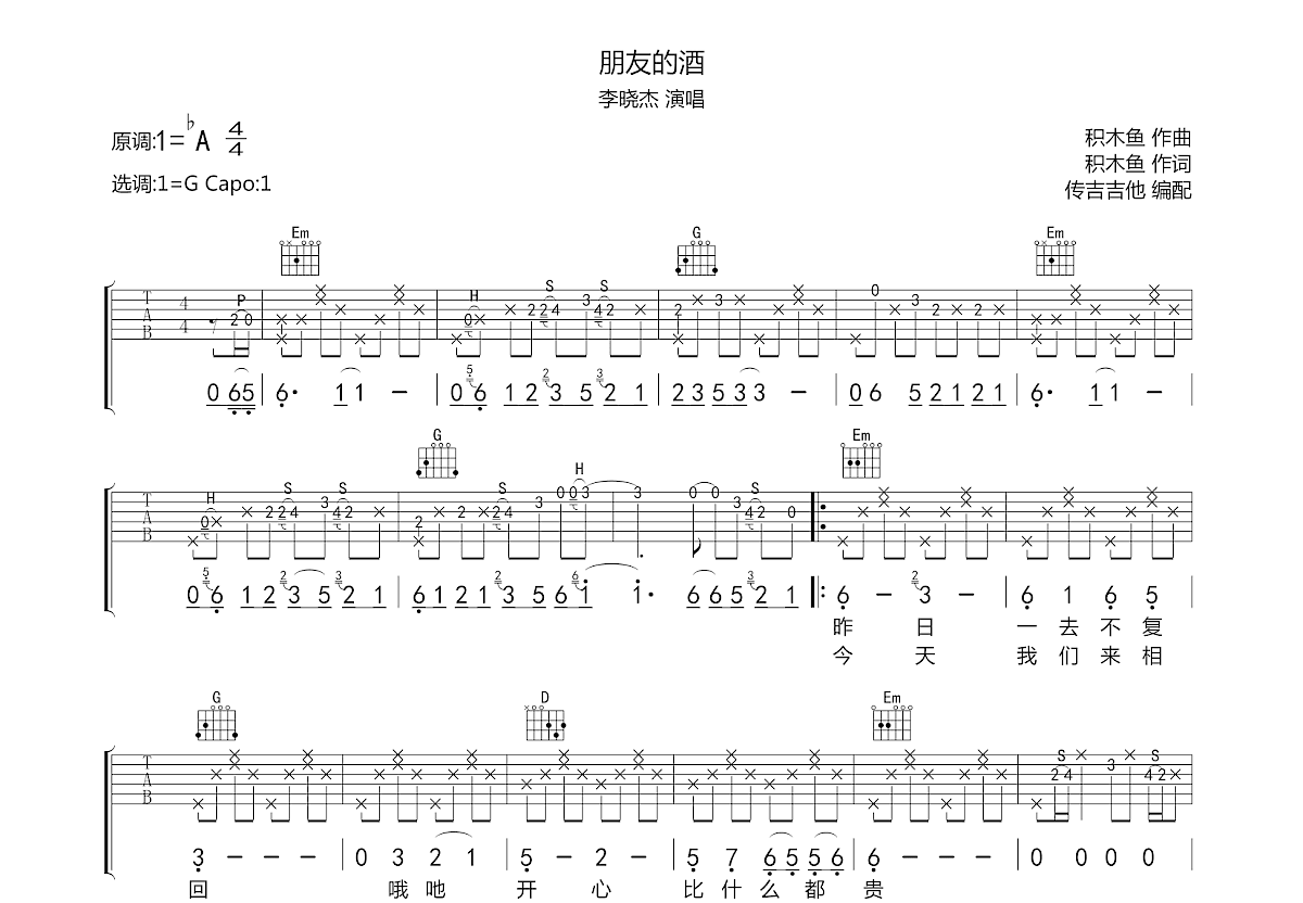 朋友的酒吉他谱预览图
