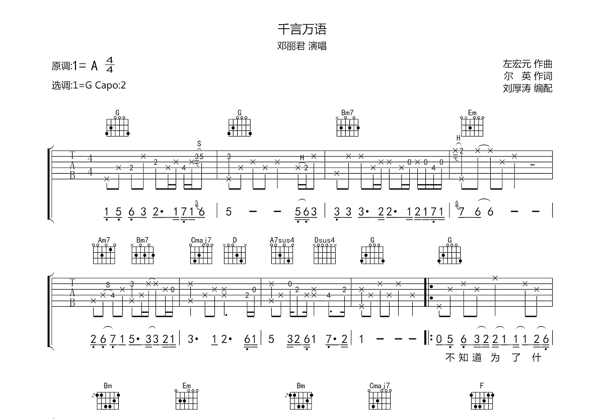 千言万语吉他谱预览图