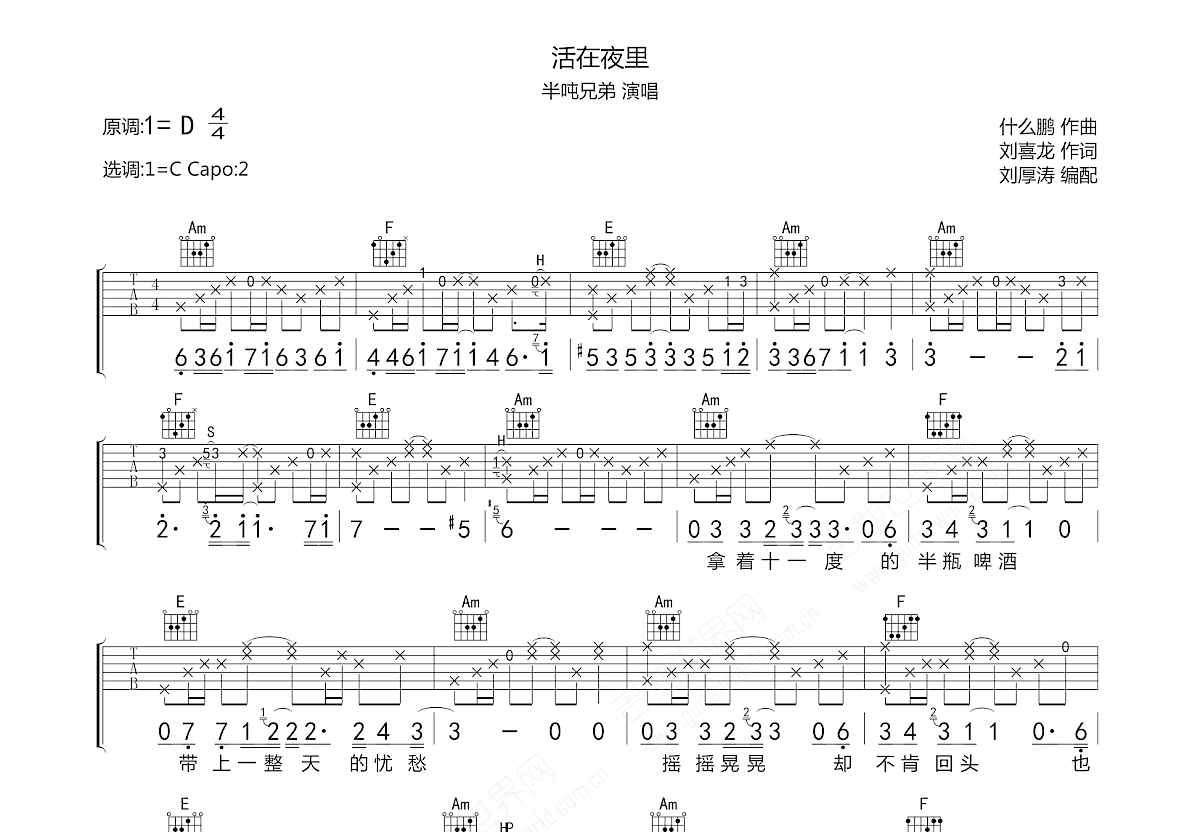 活在夜里吉他谱预览图