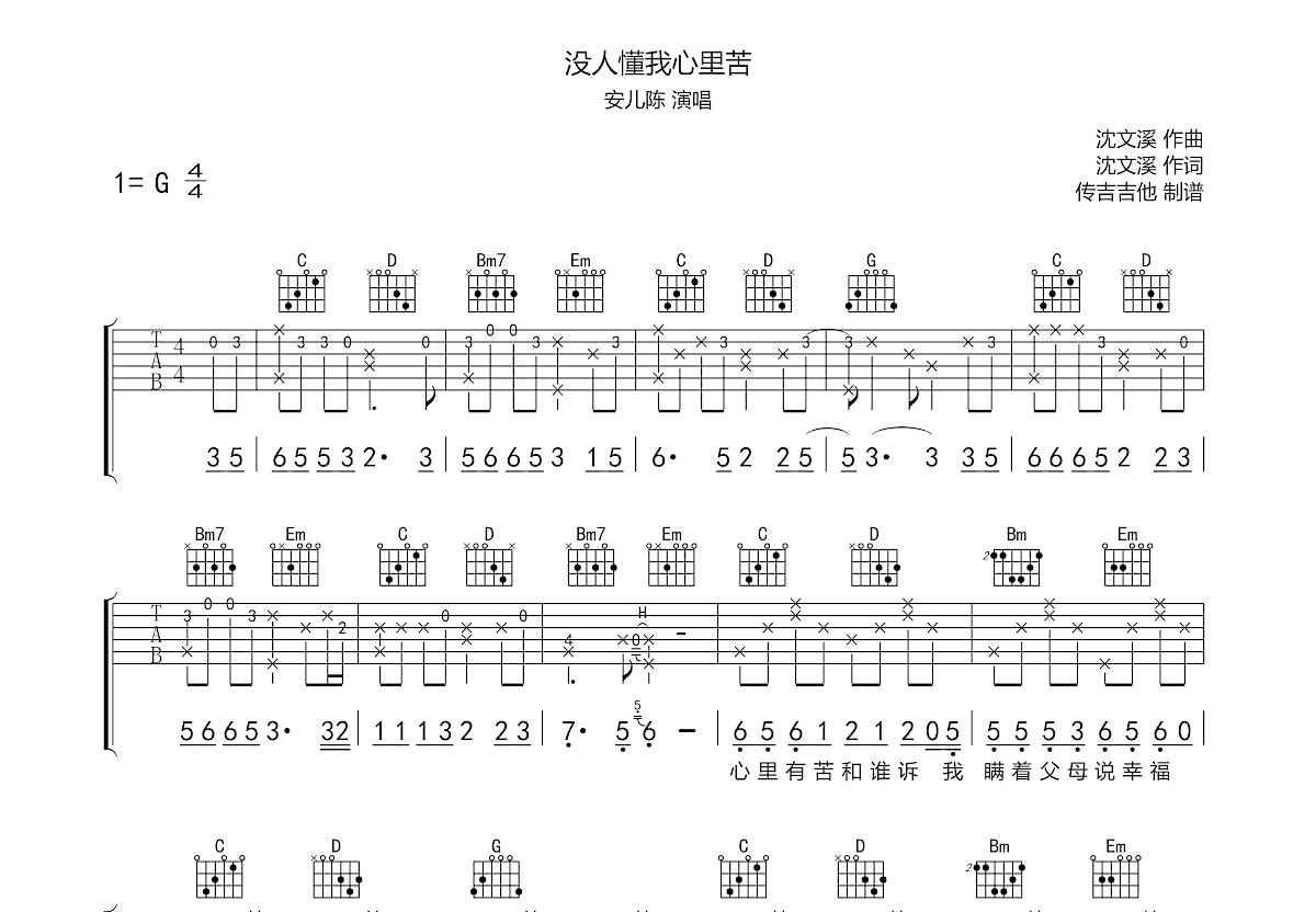 没人懂我心里苦吉他谱预览图